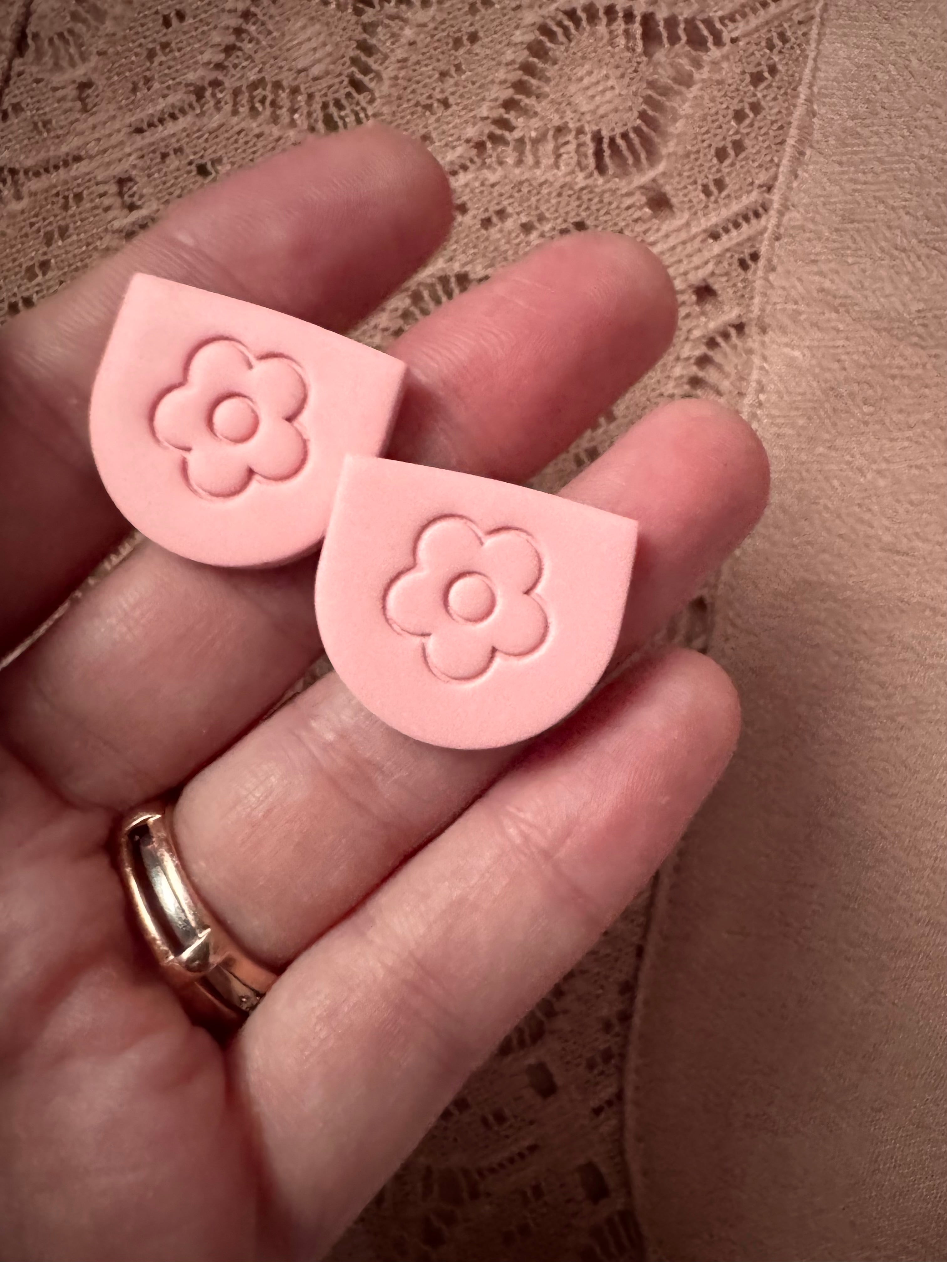 Pink Flower Stamped Studs